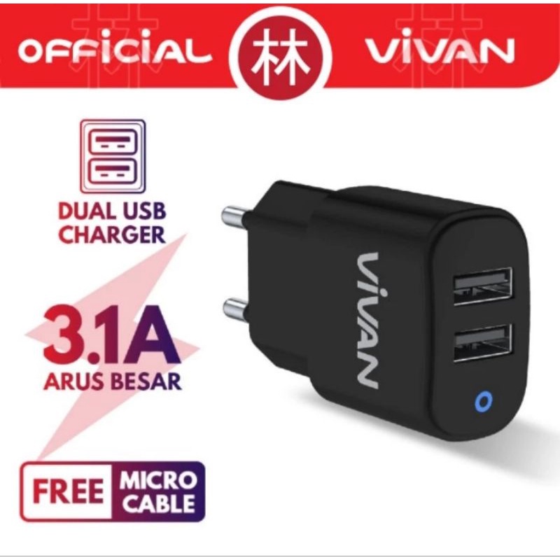 Vivan VP01 Dual Output USB Quick Charging 3.1A &amp; Data Cable Micro USB