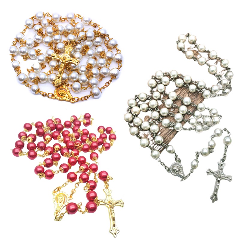 Colorful Bead Glass Pearl Catholic Christian Cross Catholic Rosary Necklace Bracelet Jewelry Gifts Lovely