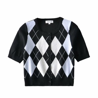 [puerto.id ] Versi Korea dari crop top belah ketupat print knit cardigan-hitam