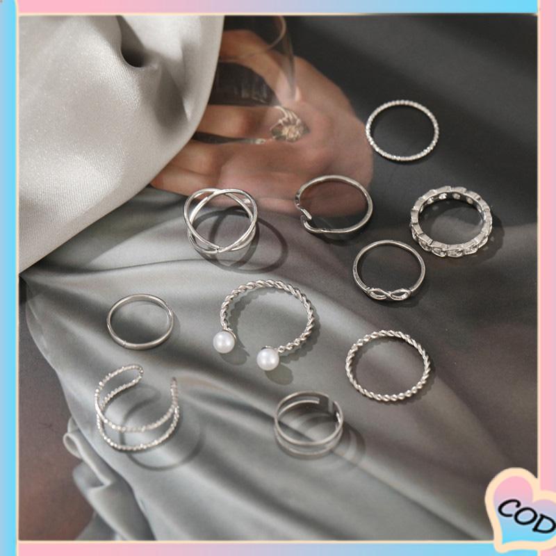 COD❤️10 Buah Set Wanita Kreatif Sederhana Manik-manik Ganda Cincin Gabungan Geometri Gelombang Mutiara-A.one