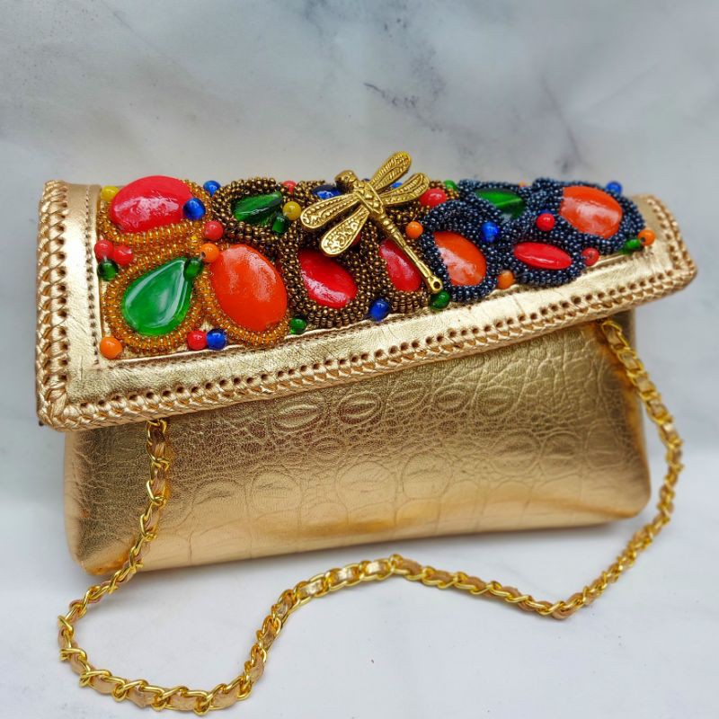 Clutch Pesta Desi Size S Full Gold Color - Clutch Model Miring Asli Tas Kulit Domba