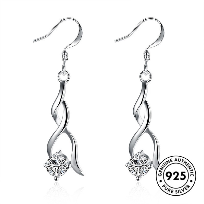 Anting Tusuk Sterling Silver 925 Desain Rumbai Hias Berlian Imitasi Elegan Untuk Wanita