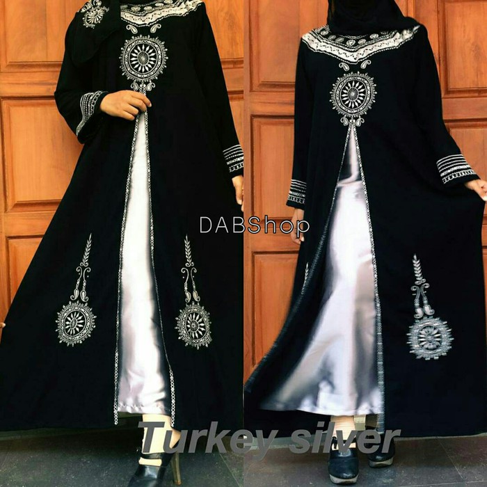Abaya / Jubah / Gamis Bordir Turki Silver Plus Kerudung Pashmina