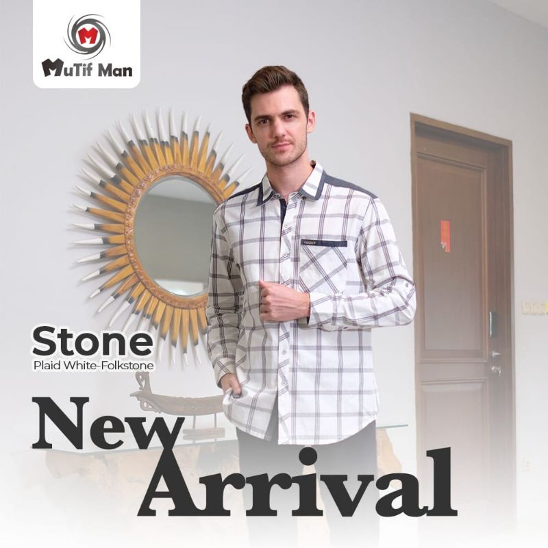 KEMEJA MUTIF MAN STONE PLAID WHITE - FOLKSTONE LENGAN PENDEK DAN LENGAN PANJANG