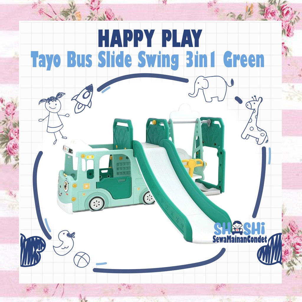 Sewa Happy Play Tayo Bus Slide Swing 3in1 Green