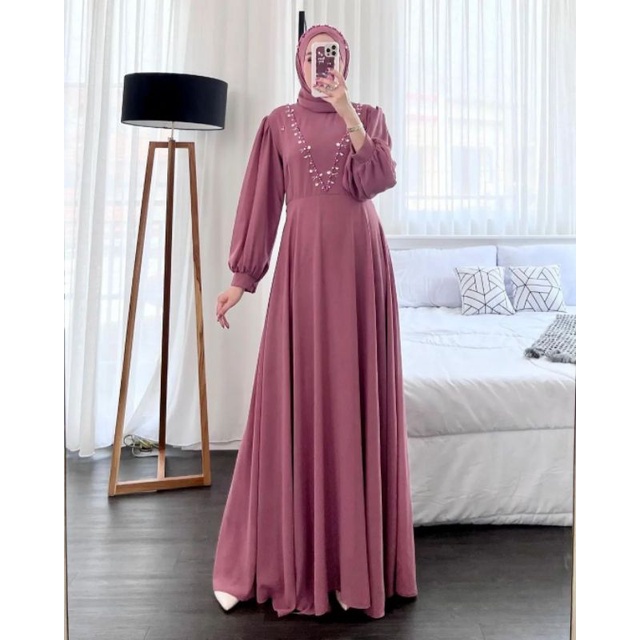 KATRINA DRESS FREE PASHMINA AKSEN MUTIARA/KETRINA MAXY DRESS CERUTY PLUS PASHMINA/GAMIS KONDANGAN SIMPLE ELEGAN/FAR MOSLEMSTORE