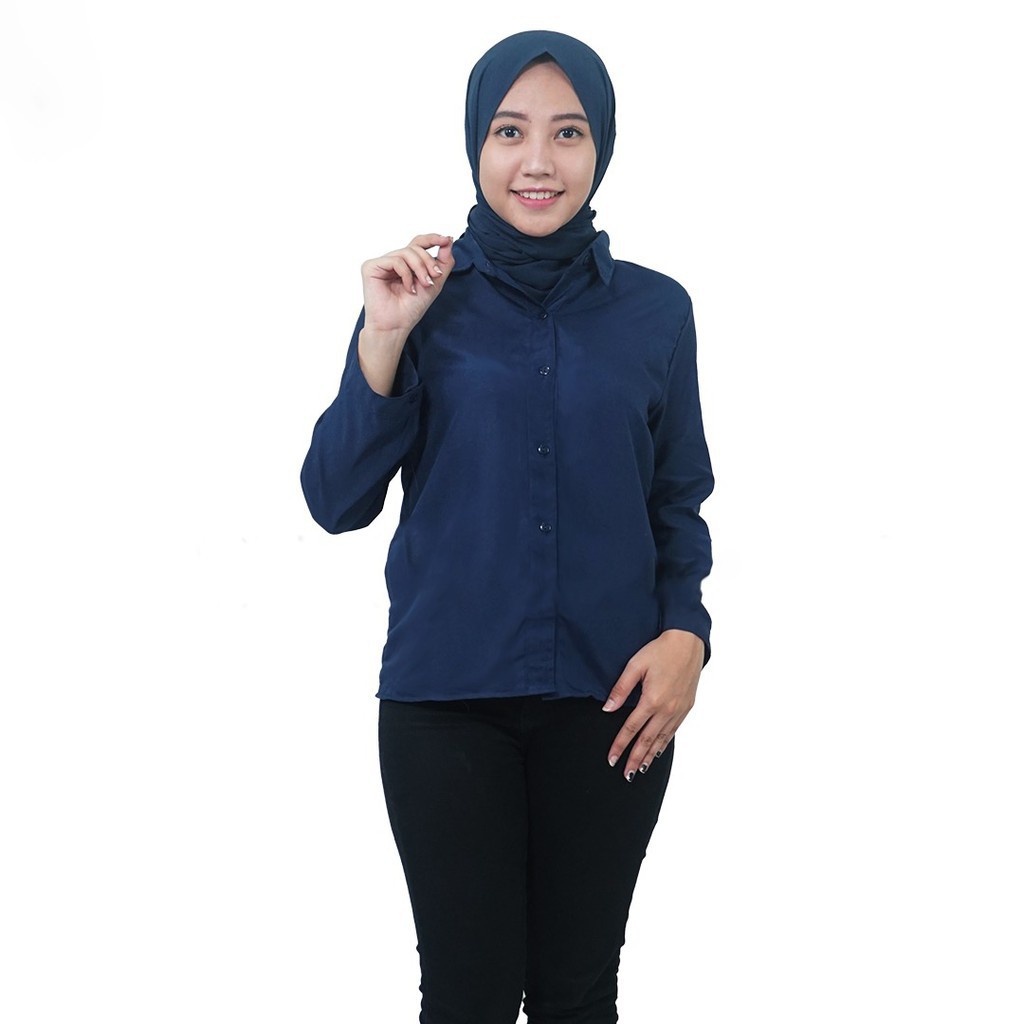 Kemeja wanita Putih Baju Kemeja Wanita Casual Hem Polos Cewek Kerja Kantoran Kuliah Kekinian Terbaru-Navy