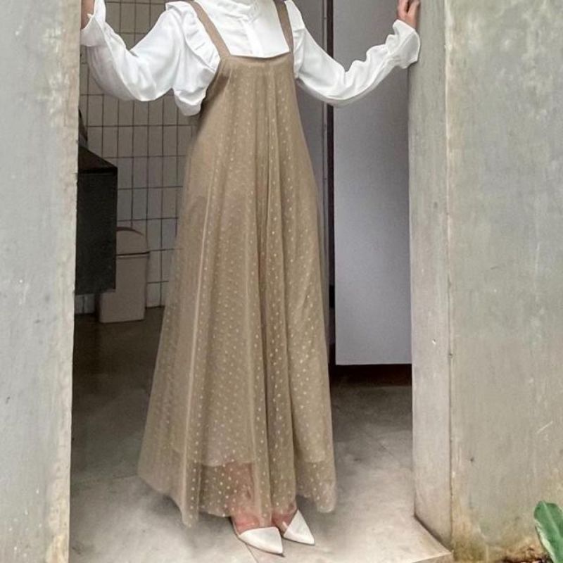 (READY)MOA TOP + OVERALL TULLE DOT MEWAH /REALPICT/COD/Gamis tile/overoll tulle mayung 4