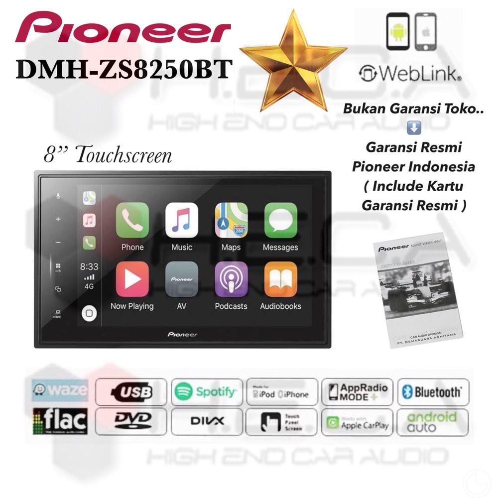 Pioneer DMH-ZS8250BT 8inch Bluetooth Head Unit Double Din Tape Mobil DMH ZS8250 BT Audio Apple Car P