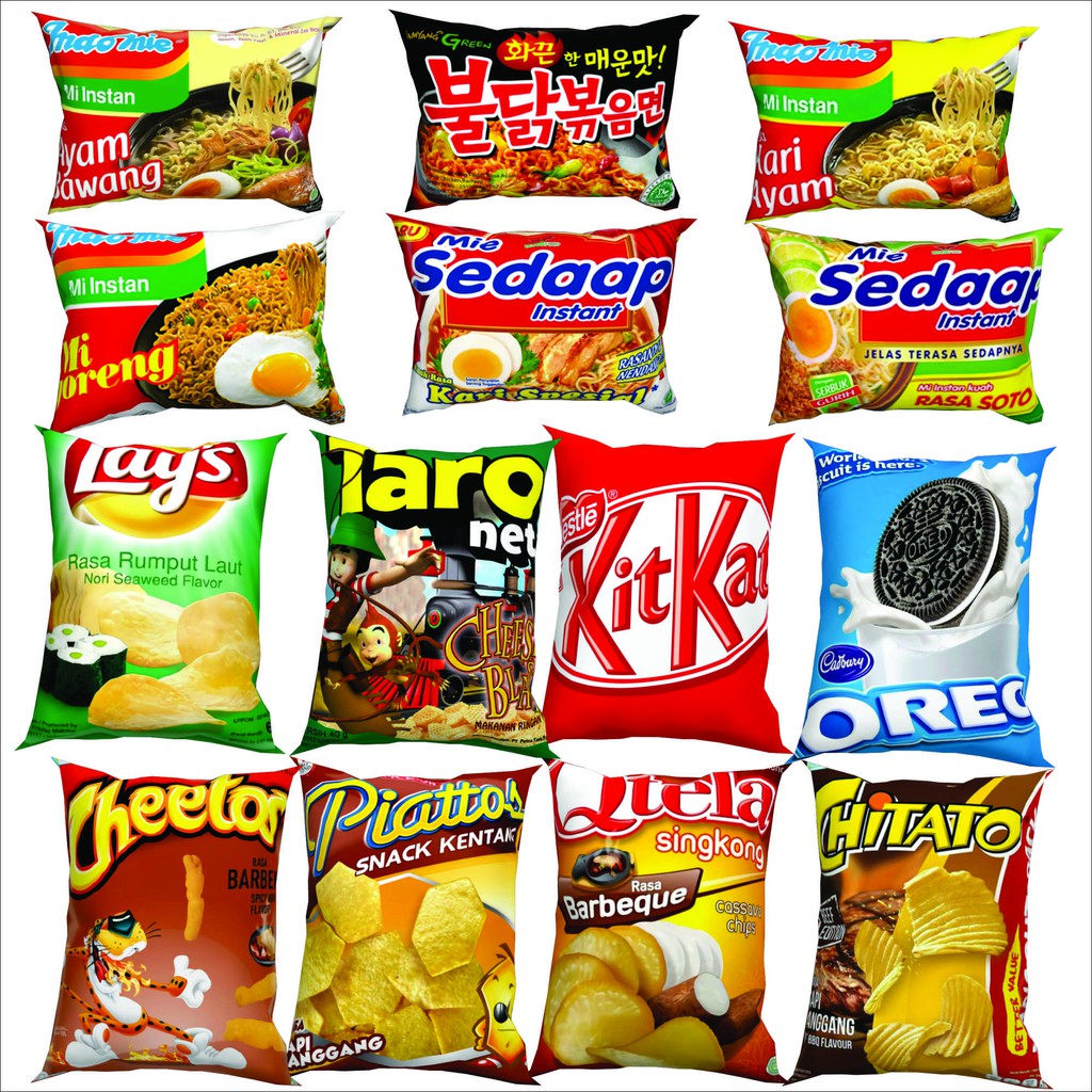 Bantal Snack Makanan Minuman Jajanan Motif Custom Mini Kecil Sedang Besar Jumbo