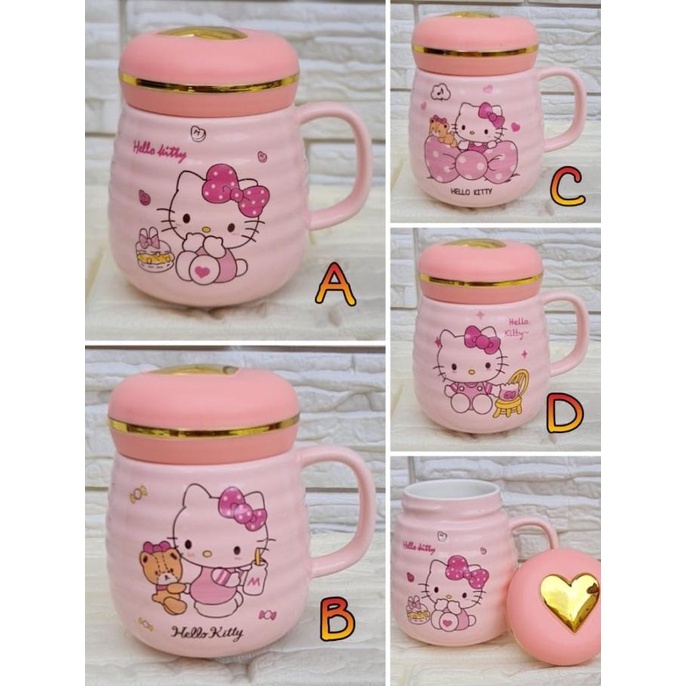 populer] GELAS GENDUT KERAMIK HELLO KITTY TUTUP LOVE (6.5X12)