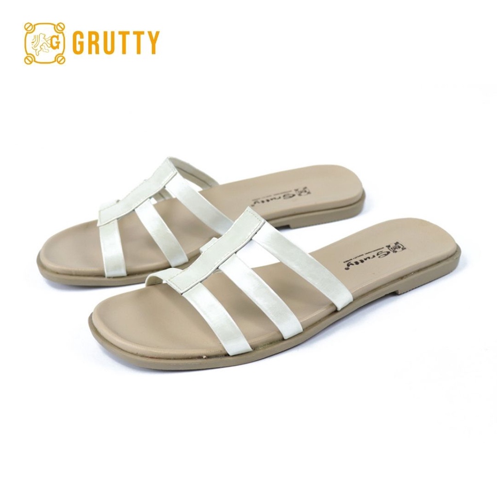Grutty Flat Sandal Wanita Kulit asli slide sandal teplek Sandal Flat Merah Cream