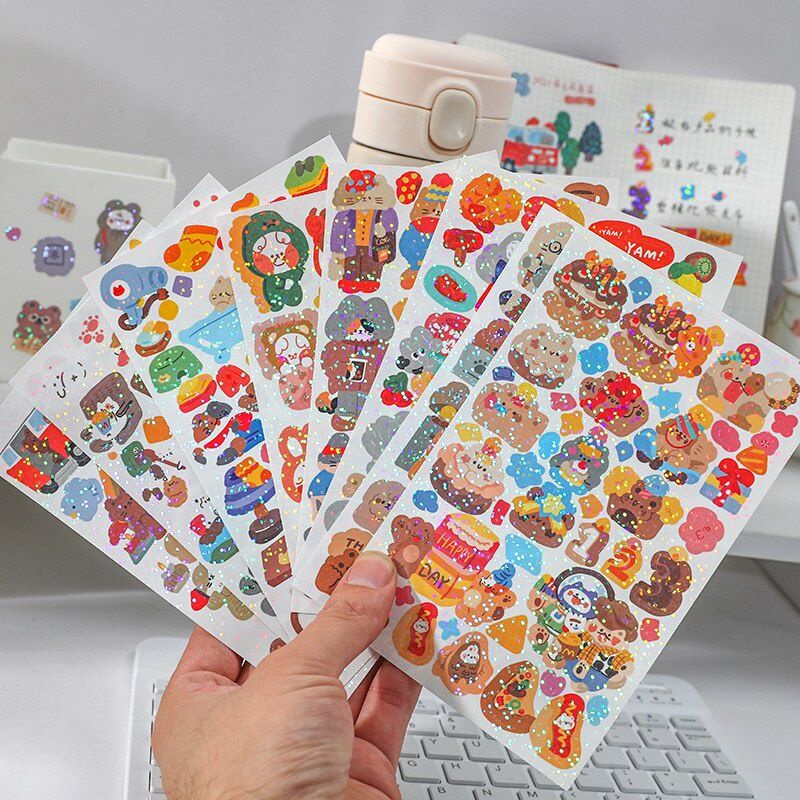 

1 Sheet Paper Laser Cute Cartoon Glitter Bear Cat Decorative Stickers
