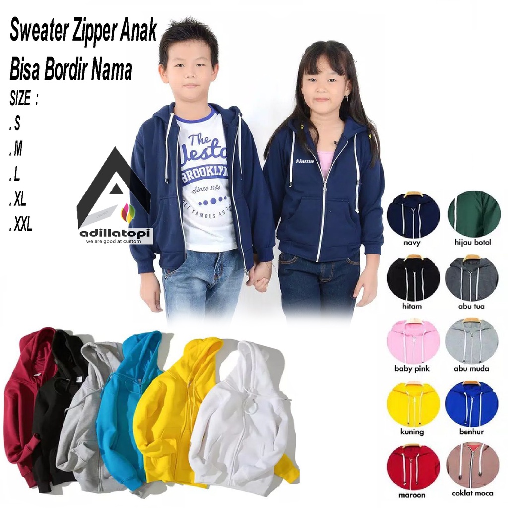 Sweater  Zipper Hoodie Anak Laki-Laki Dan Perempuan Bisa Bordir Custom Nama