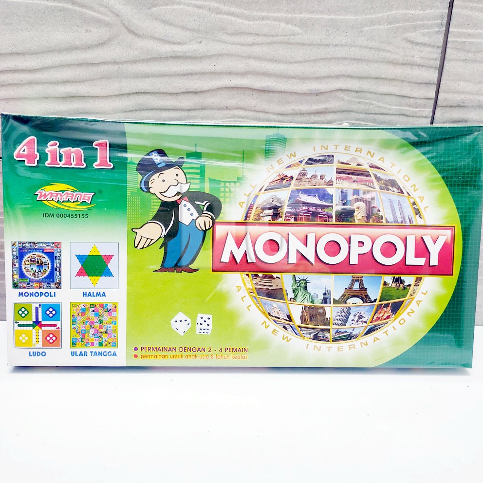 Monopoly 5in1 Permainan Monopoli Halma Ludo Catur Ular Tangga Bola Dunia Globe Candi Borobudur