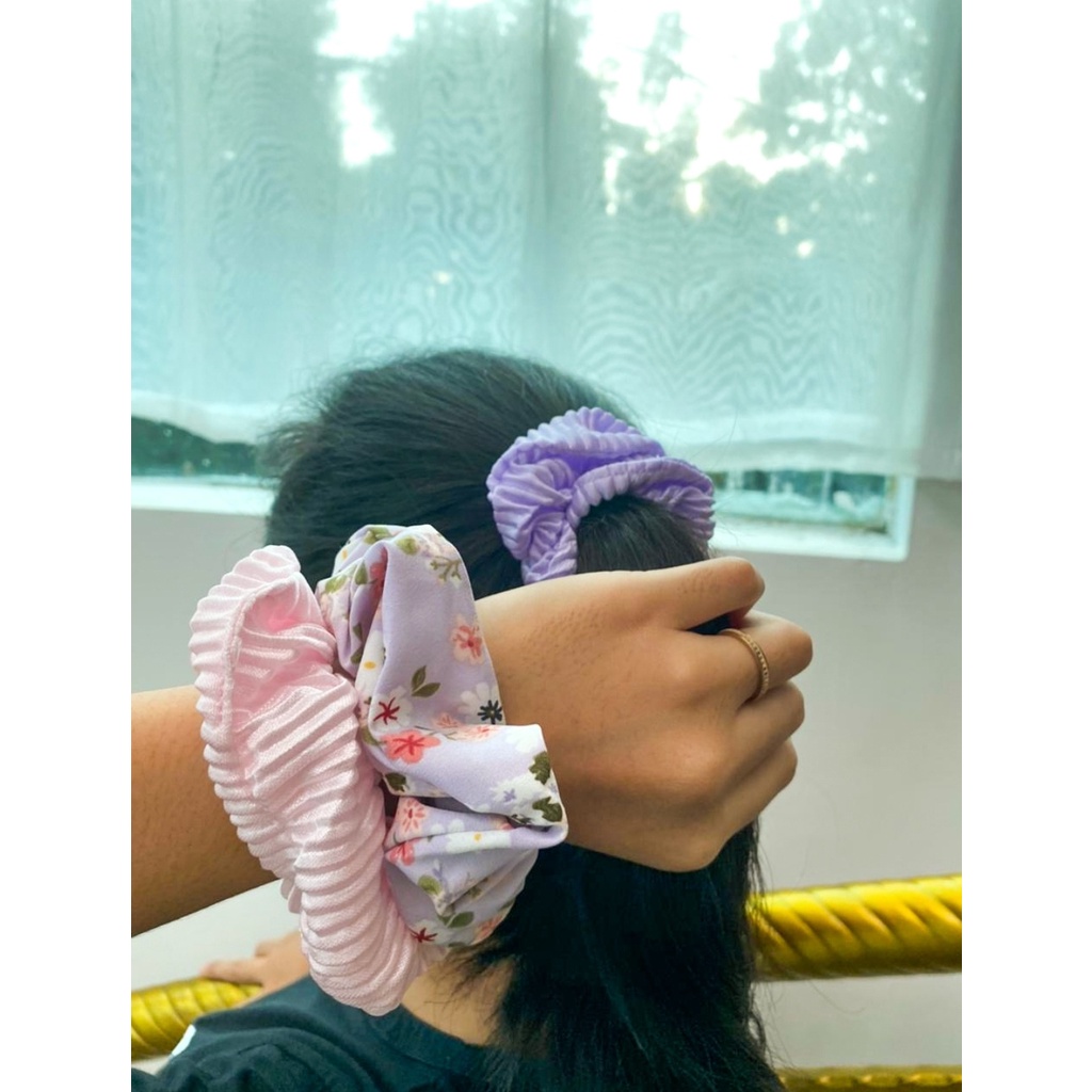 Ikat Rambut Scrunchies JX 1600 Ikat Rambut Korea - Ikat Rambut Terbaru - 3in1 - Pink, Lilac, Flower