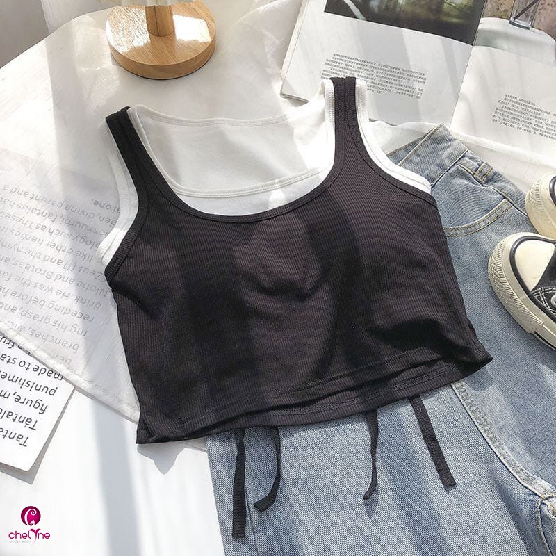 Chelyne Atasan Crop Top With Pad T6880 Tank Top Fashion Bahan Kaos (Inner/Outer/Top)