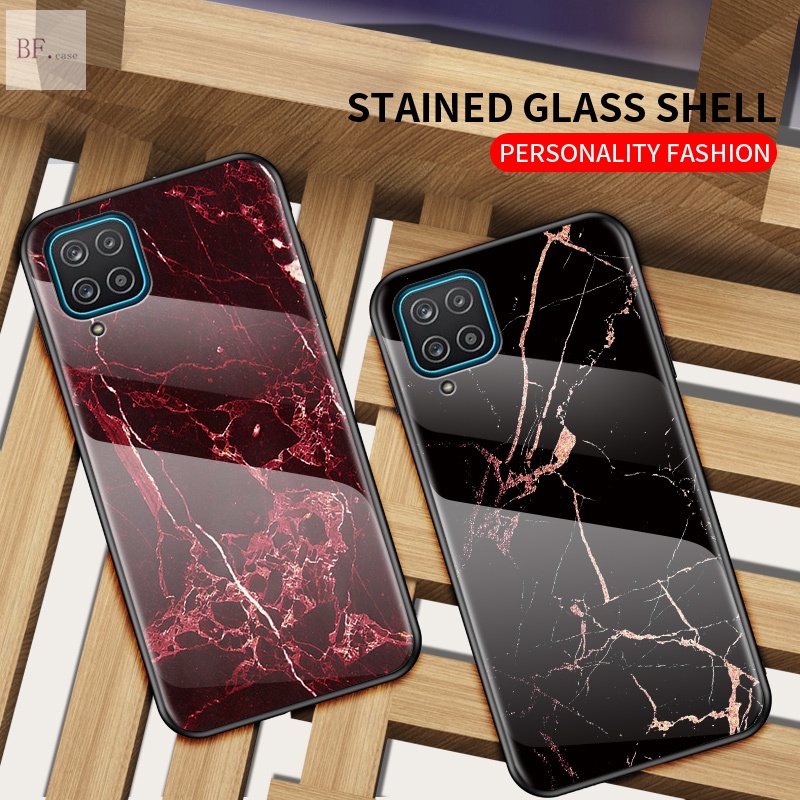 Samsung Galaxy A12 A11 A10S A20 A30 A50 A21S A70 Marble Tempered Glass Back Shockproof Phone Case with Soft Silicone Edge