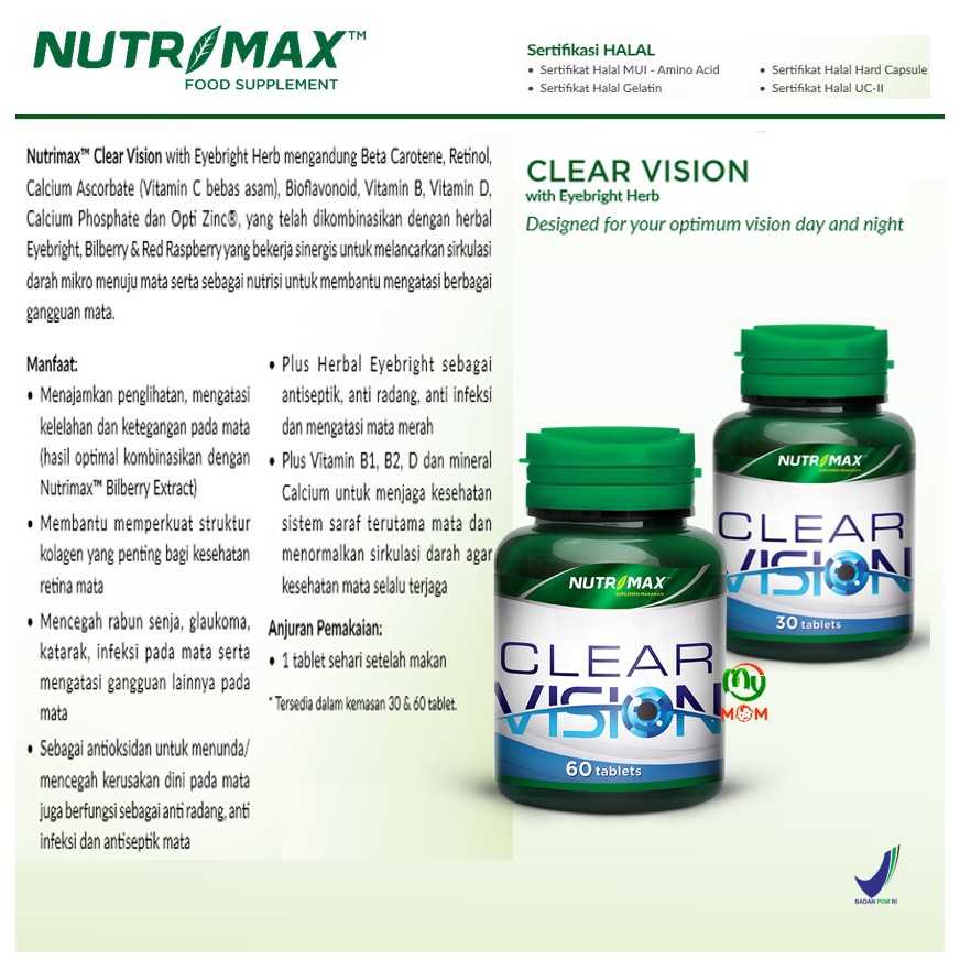 [BPOM] Nutrimax Clear Vision Isi 30 Tablet/ Eye Bright Vitamin Mata Minus / Vitamin Glukoma / MY MOM