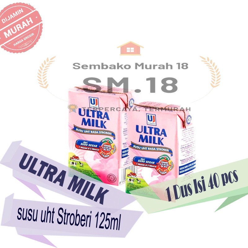 ultra milk uht Stroberi 125ml grosir termurah perdus isi 40pcs