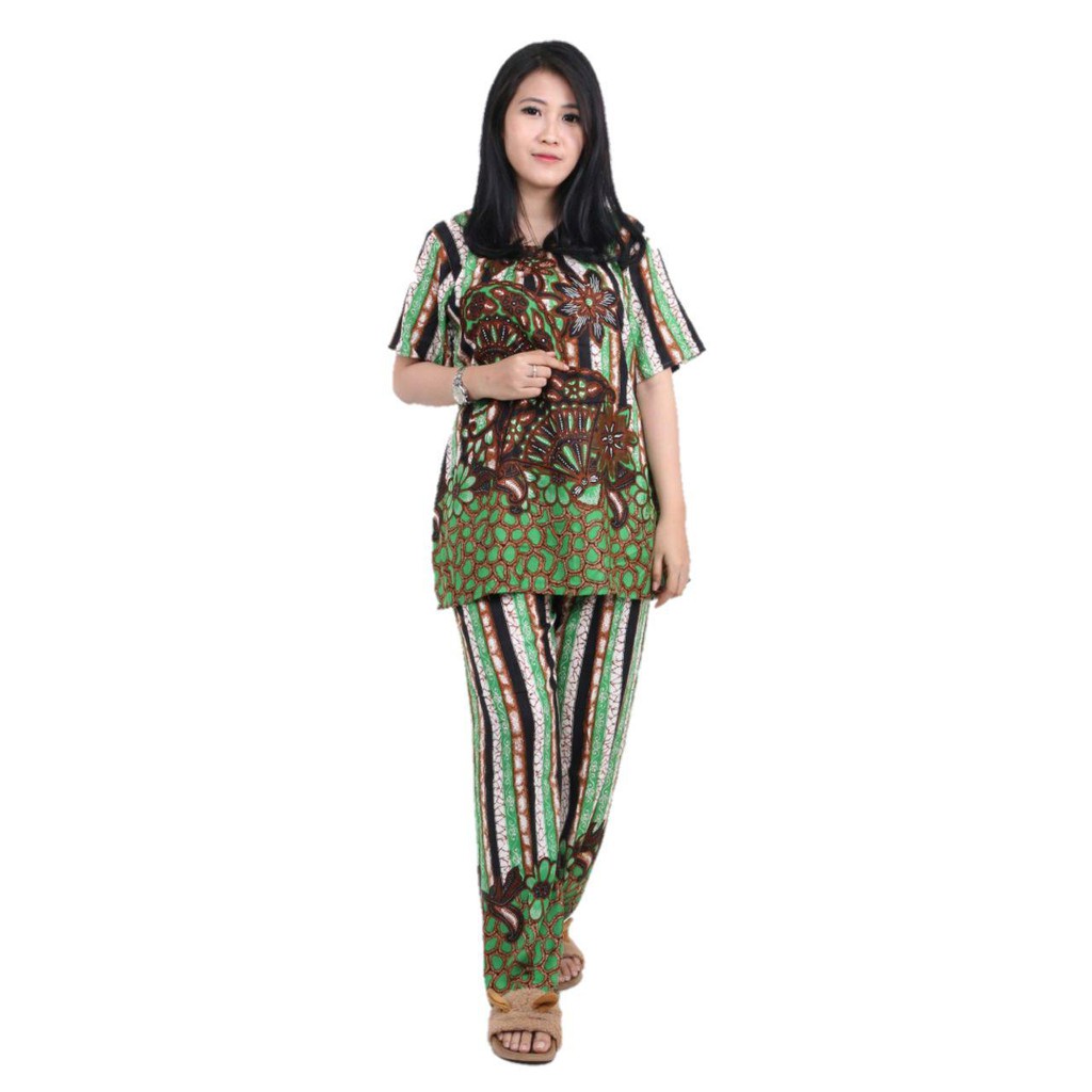 Setelan Lengan  Pendek Batik  Motif Printing Leher Kerut  