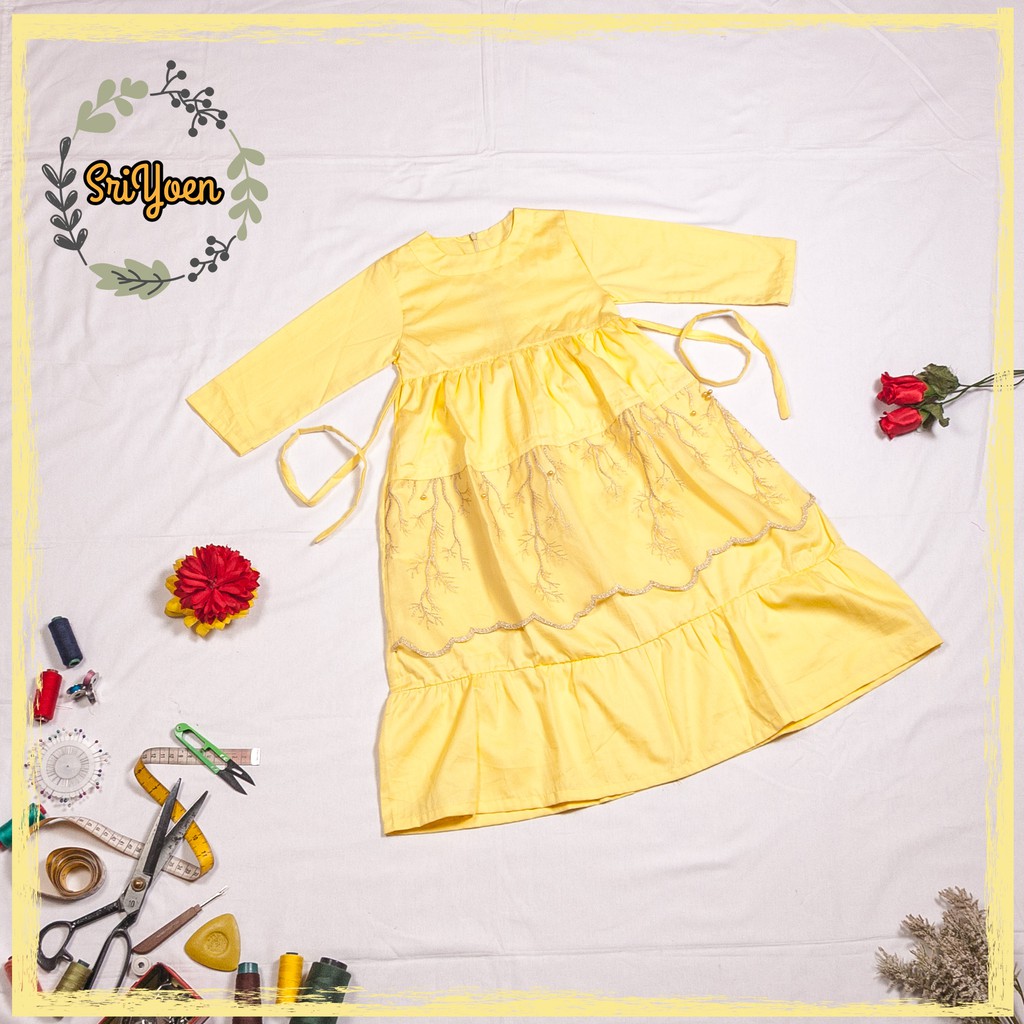 Baju Gamis Anak Bahan Katun Jepang Aksen Brokat - Kuning