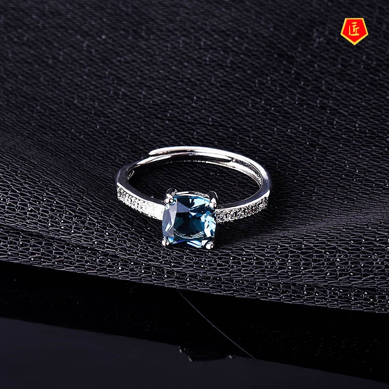 [Ready Stock]New Inlaid Blue Topaz Square Diamond Ring