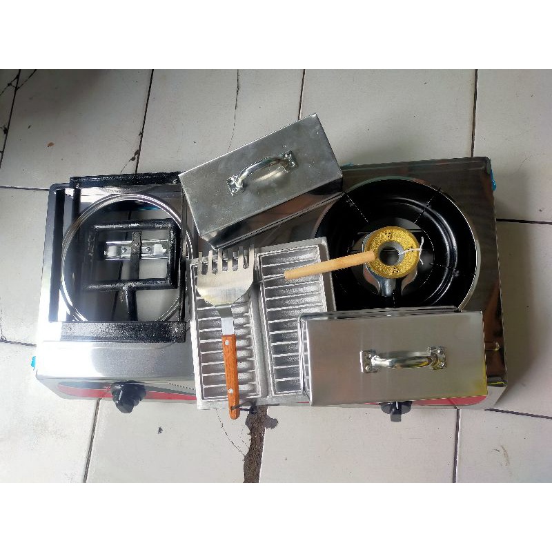 Kompor dua tungku dan cetakan kue pancong balap lumer +tutup+sutil+garpu