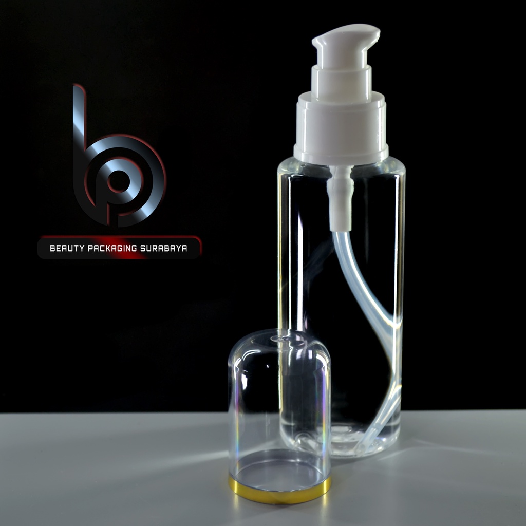 Botol Plastik PET 100ml RF Bening Tutup Pump Treatment FC Putih