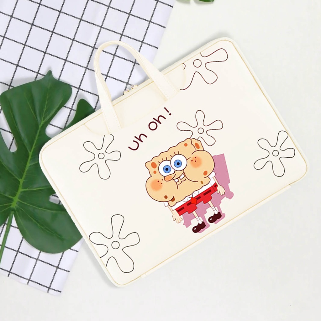 Sleeve Pouch Sarung Tas Bag Case Ipad Tab Tablet Macbook Air Pro Laptop Asus Acer Lenovo HP Huawei 11 12 13 14 15 inch Motif Gambar Kartun Cartoon Spongebob Warna Putih Lucu Cute Murah Korean Model Jinjing Tali Strap