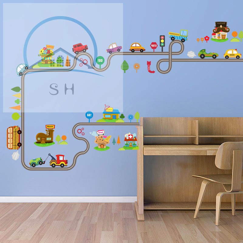 Cartoon Cars Highway Track Wall Sticker Kids Children S Play Room Bedroom Decor Wall Art Decals Shopee Indonesia
