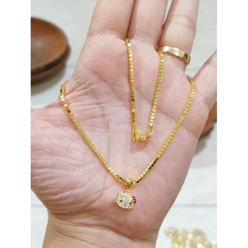 KALUNG ANAK MILANO KACA + LIONTIN HELLOKITTY ( PERAK 925 ) LAPIS EMAS 24K