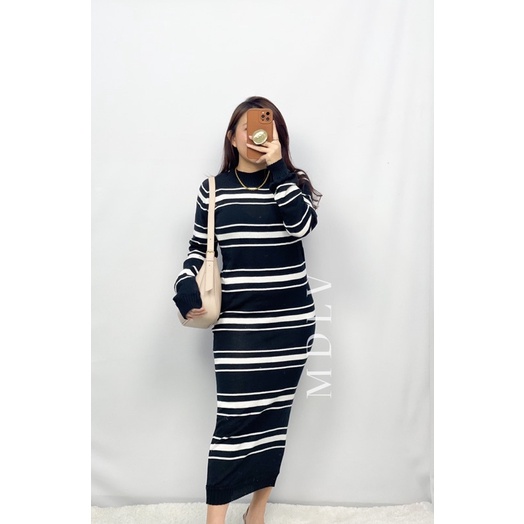 MDLV ~ Dress Alika Rajut Salur Dress Garis Dress Salur Rajut Fashion Wanita