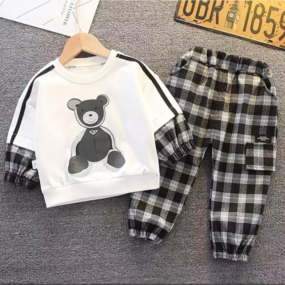 setelan baju anak terbaru bayi anak motif bear panda kotak kotak size 1-5 tahun bahan katun lembut/ setelan baju anak terbaru bayi anak laki laki/ setelan baju anak terbaru bayi anak perempuan/ setelan baju anak terbaru bayi anak cowo/ setelan baju anak