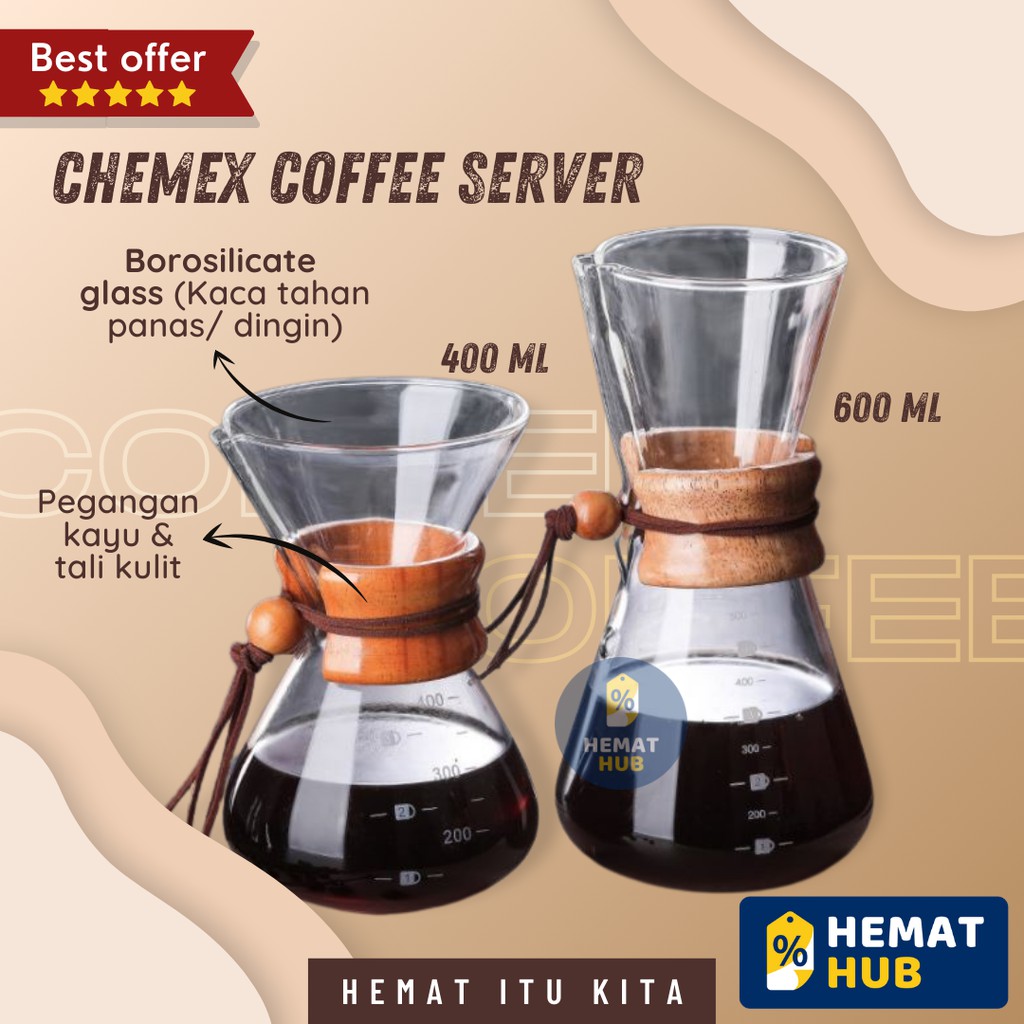 Chemex Coffee Server Kaca Dripper Pot Woodneck Pour Over Drip Kopi Manual Brew Teko V60