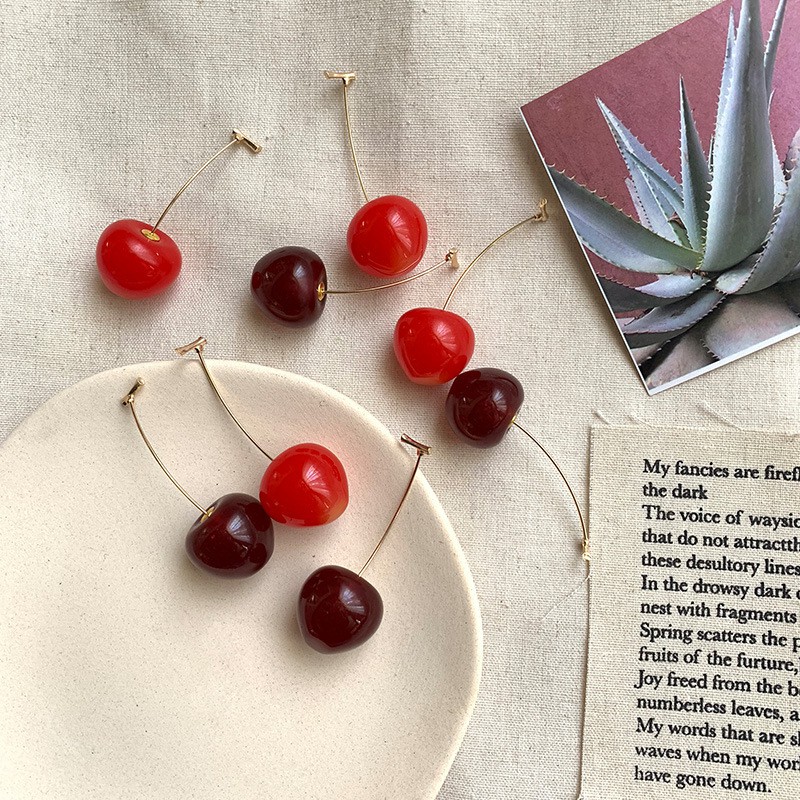 Anting Stud Panjang Desain Buah Cherry Gaya Jepang