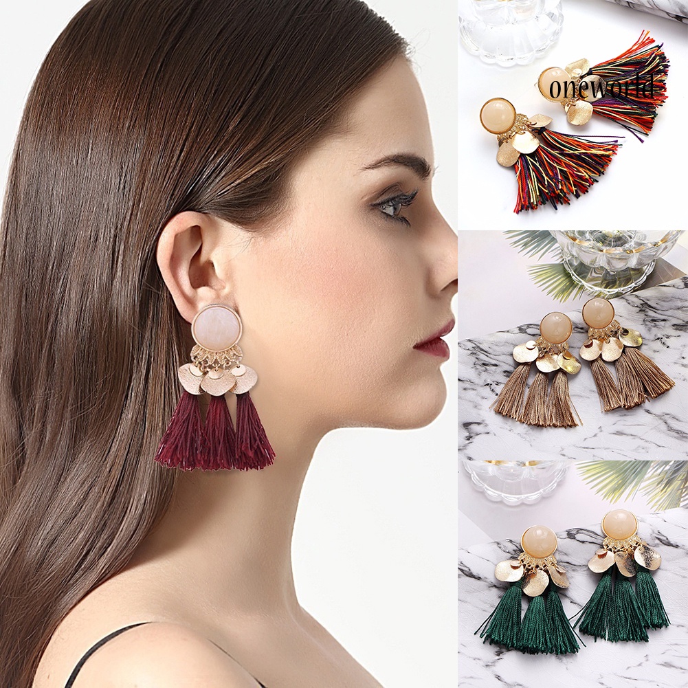 OW@ 1Pair Women Bohemian Tassels Sequins Ear Stud Dangle Earrings Banquet Jewelry