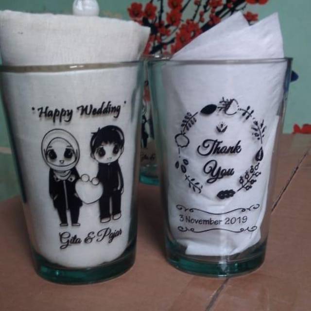 Souvenir gelas sablon custom kemas box mika