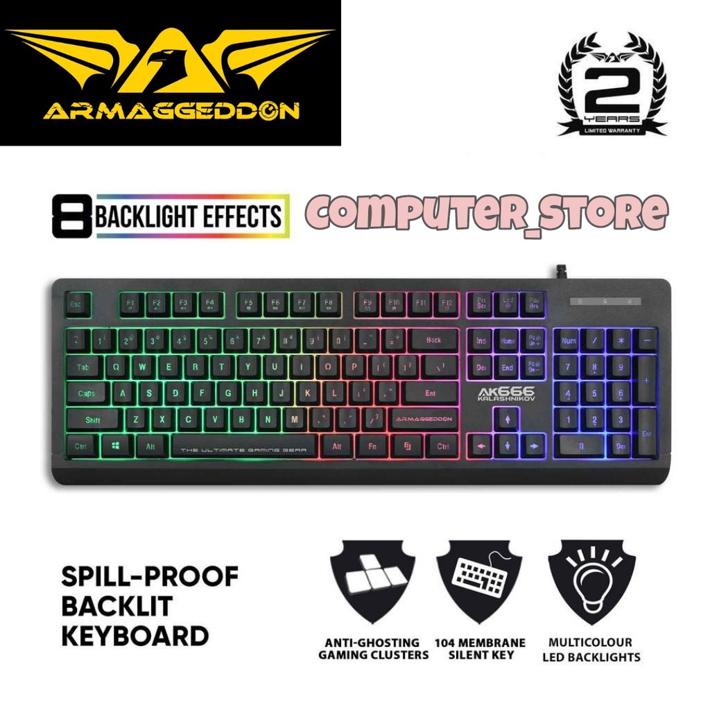 Armaggeddon AK666 Kalashnikov Keyboard Gaming Anti Ghosting Spill Proof Multicolour LED Backlight Membrane Silent Keyboard