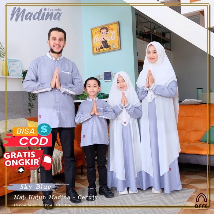 Baju Muslim Couple Keluarga Gamis Sarimbit Madina Series Warna Biru Original Premium Serimbit Keluarga Muslim Lebaran