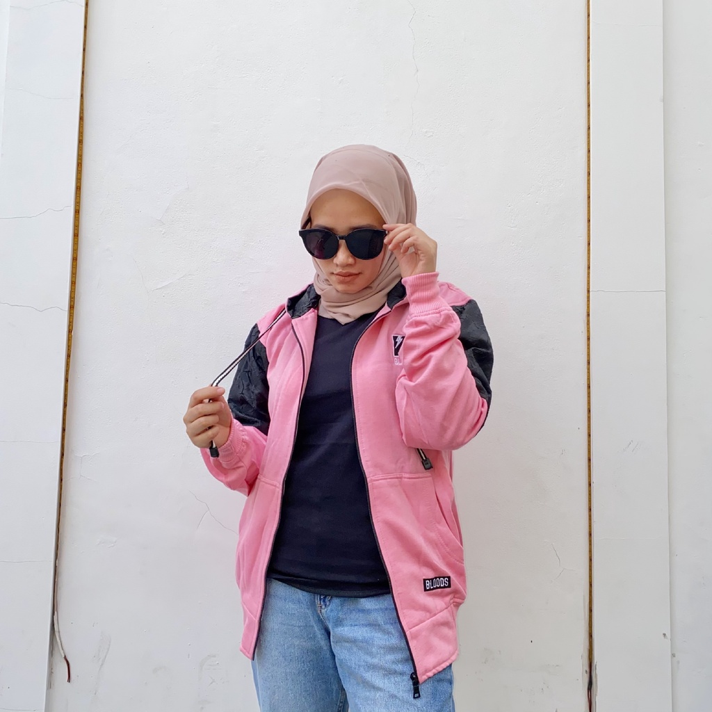 Jaket Sweater Zipper Bordir Kombinasi Qwilting PINK BLDS