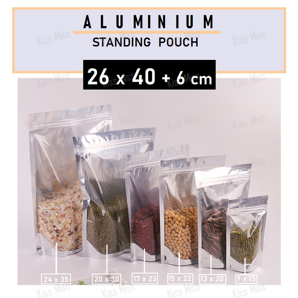 SILVER Aluminium / 26x40 / Standing Pouch / Ziplock / Kemasan Keripik / Plastik Klip / Kemasan Beras