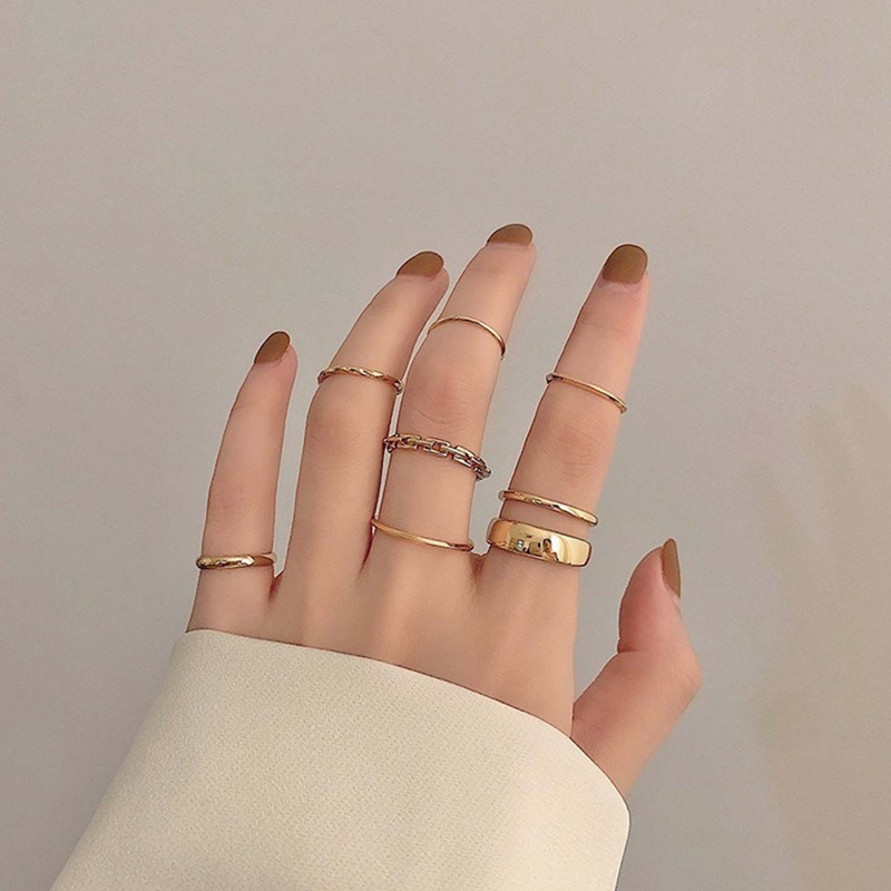 Fancyqube 7pcs / Set Cincin Model Hollow Bulat Terbuka Bahan Metal Untuk Wanita