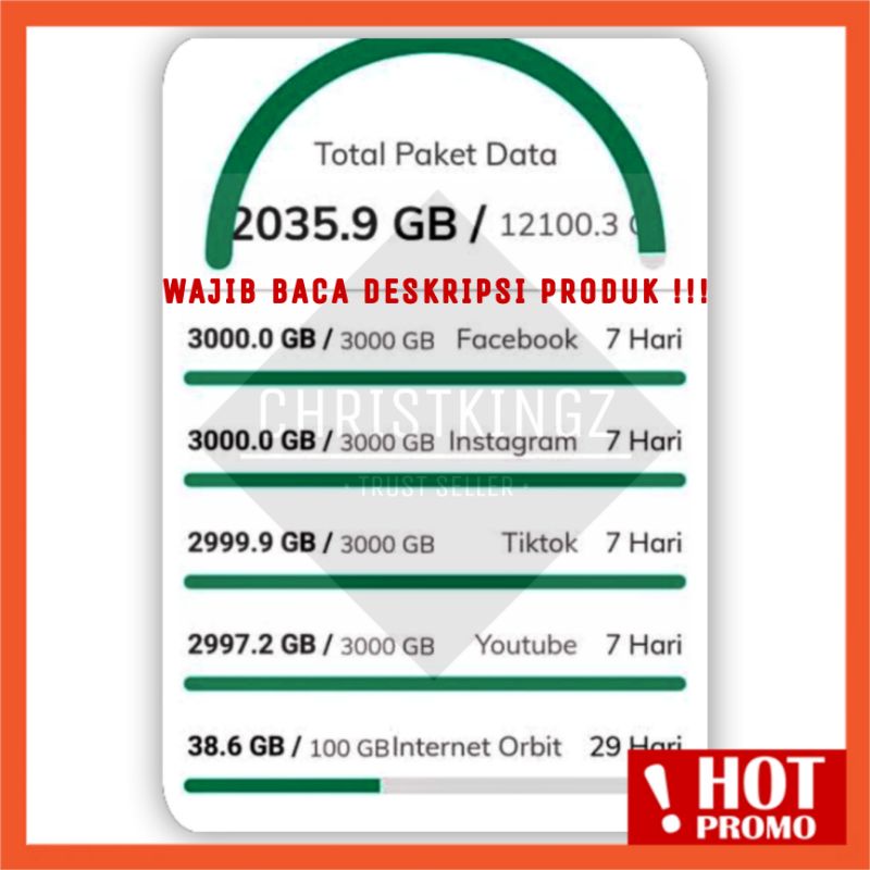 Big Promo Paket Telkomsel Orbit Youtube / Tiktok / Instagram / Facebook 3000GB 7HARI Kuota Data Unlimited Telkomsel