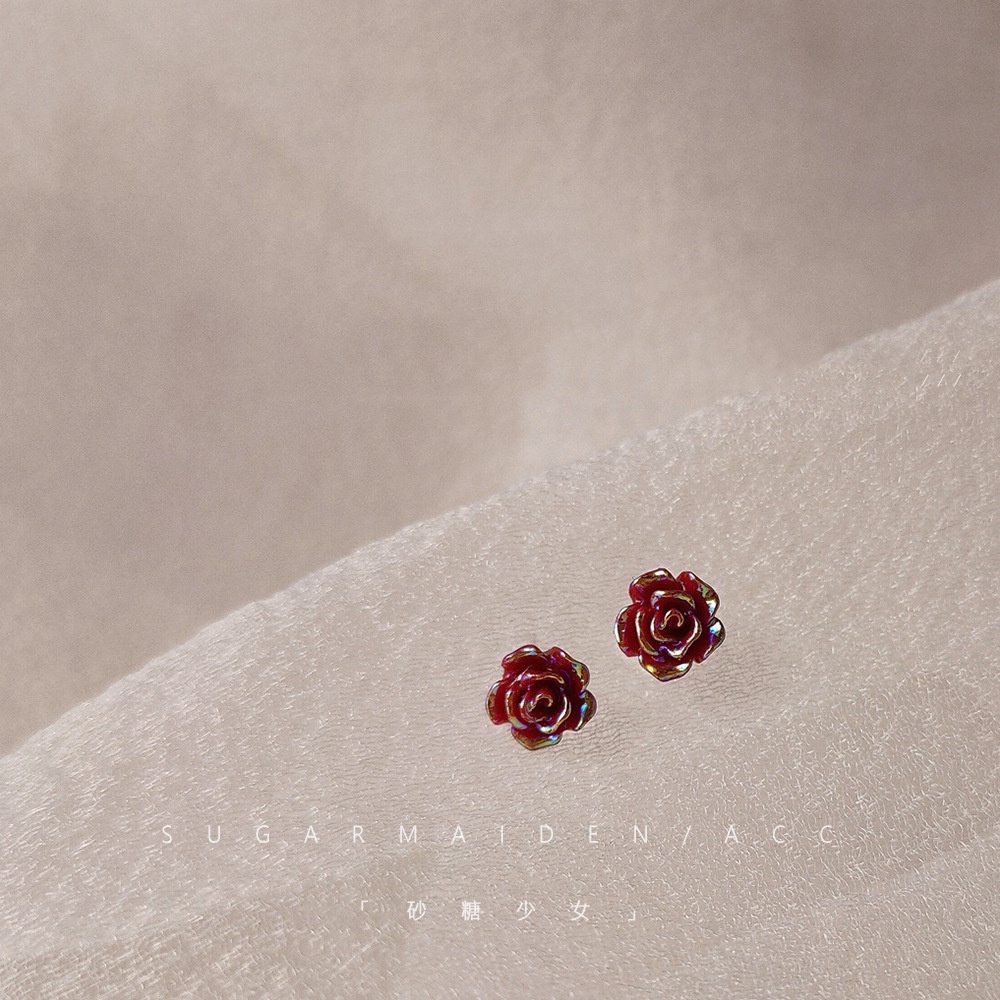 Anting Stud 925 Silver Bentuk Bunga Mawar Kecil Warna Merah Untuk Wanita