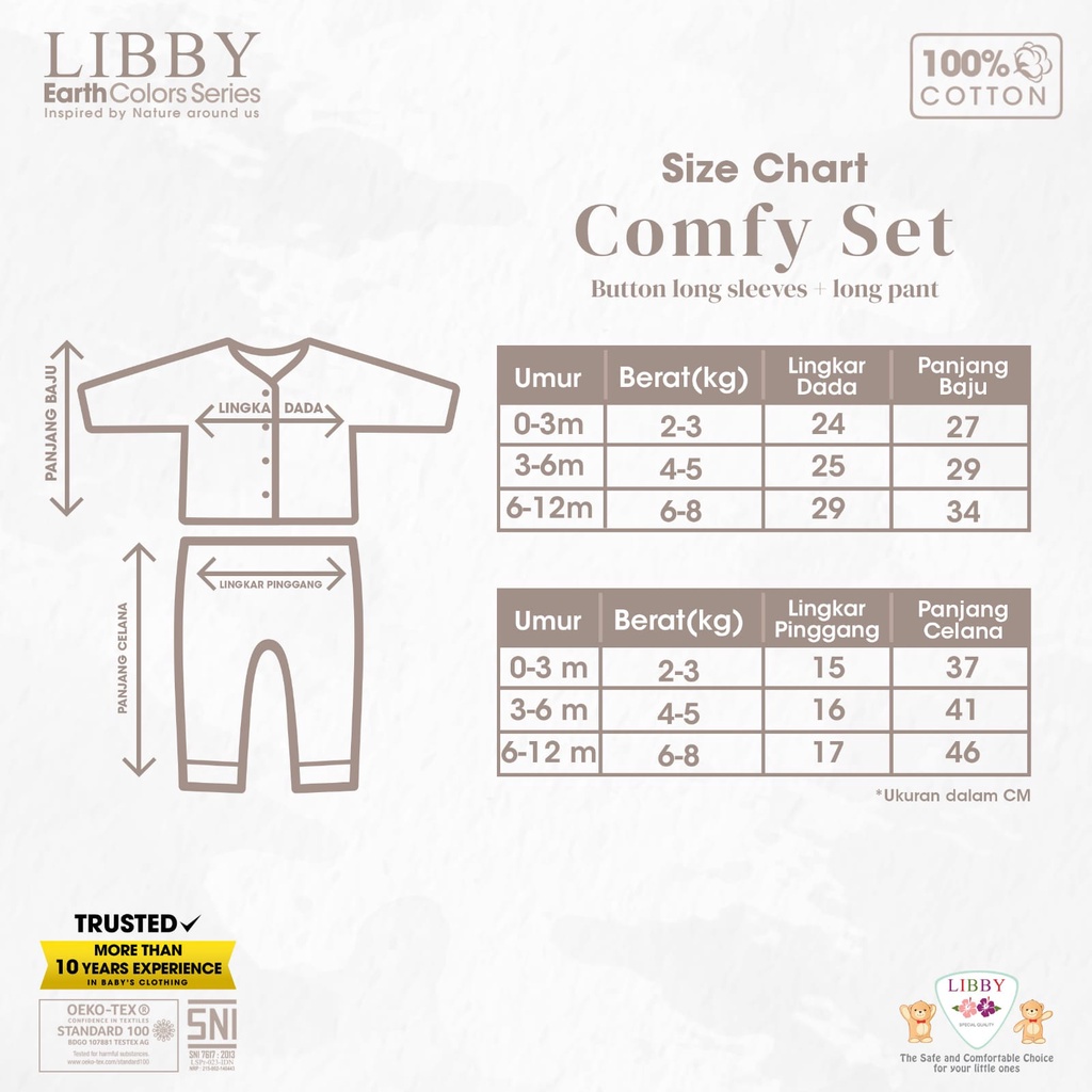 Libby Comfy Set 0-12 Bulan Earth Series Panjang Piyama Bayi Premium