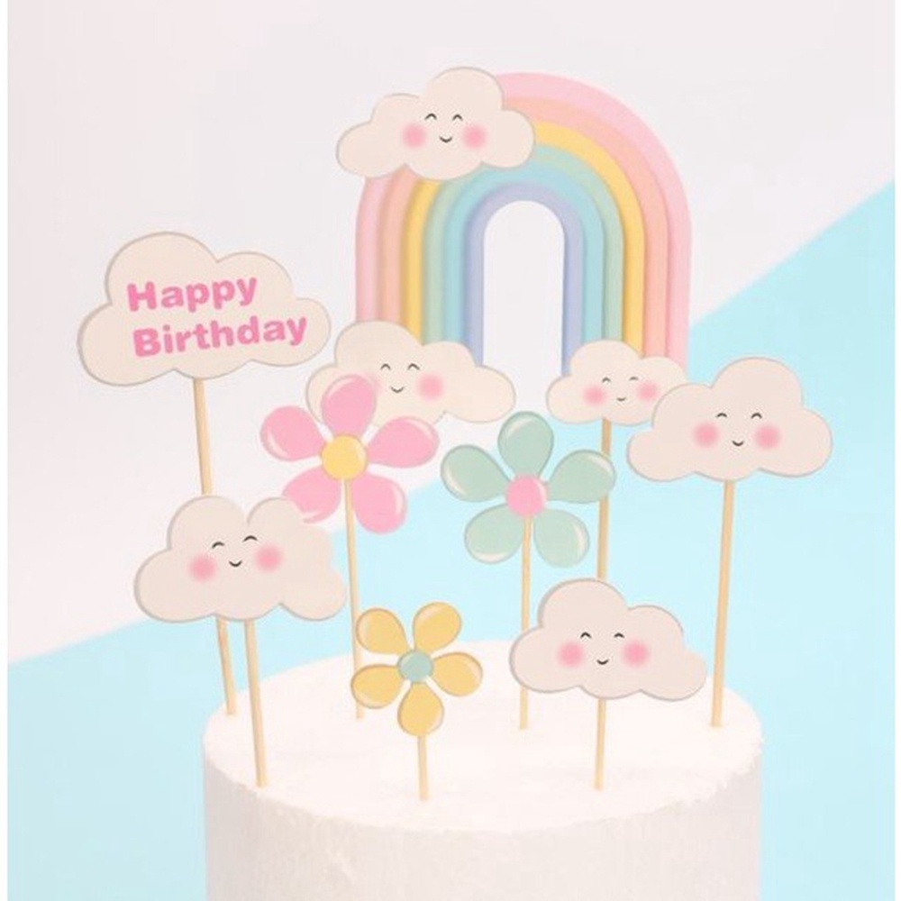 【COD Tangding】7pcs / set Kartu Dekorasi Kue Ulang Tahun DIY Bentuk Bunga / Bintang / Smile / Awan / Pelangi