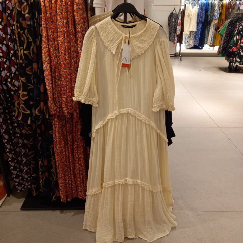 ZARA ORIGINAL STORE MAXI DRESS Polos Katun Linen Polos Dress Panjang Putih White Beige Hijab