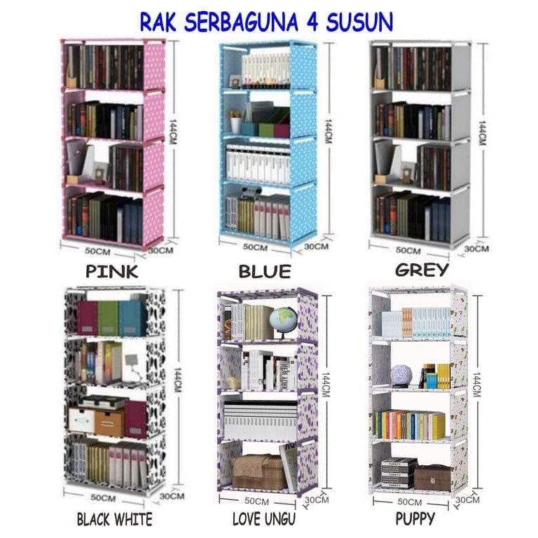 Rak susun 4 tingkat buku portable rakitan lemari plastik serbaguna     .