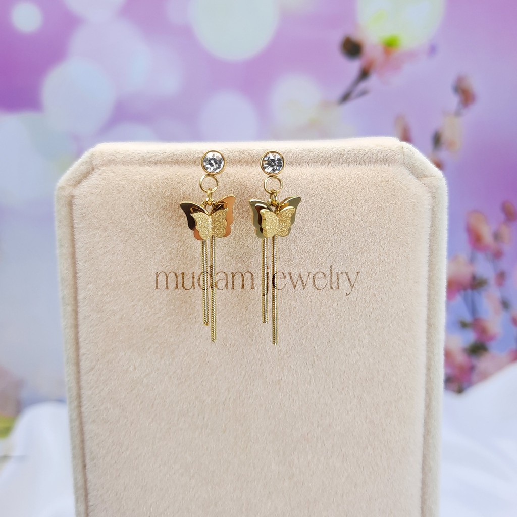 Anting Tusuk Titanium Kupu - Kupu Kecil Jurai Dengan Diamond Artifisial Warna Rose Gold, Gold dan Silver